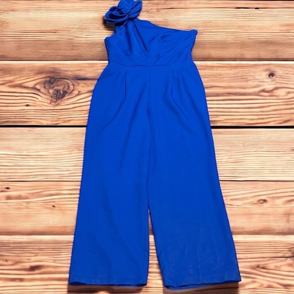 Tea & Cup Pants - NWT Medium One shoulder jumpsuit formal royal blue flower on shoulder Teacup